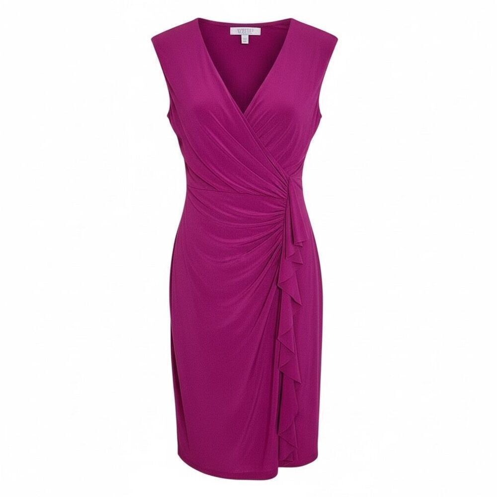 NWT Kasper Surplice Neck Ruffled Ruched Front Faux Wrap Dress Dawn Pink Small